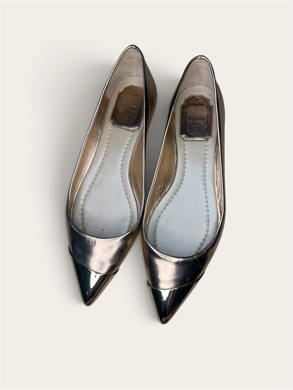 Christian Dior Pointed-Toe Metallic Flats Rose Gold Silver Womens 36 US 6